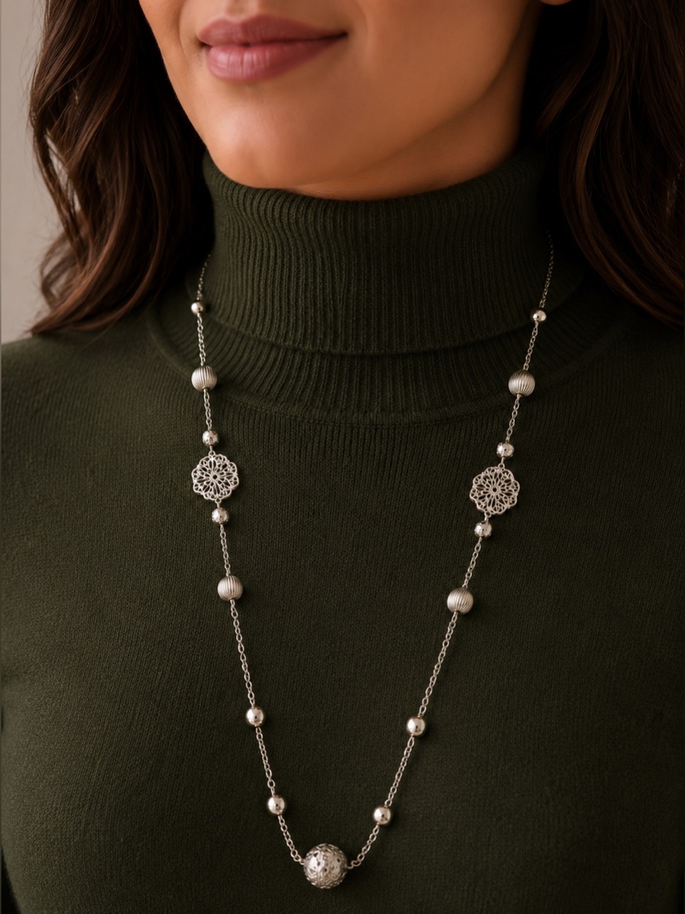 Delicate Silver Filigree Long Necklace - jewelry- Accessories